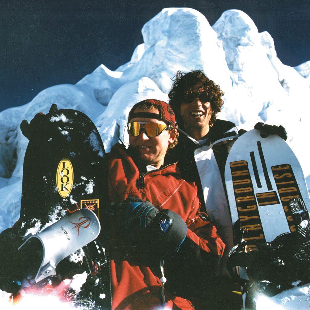 The founders on Chapütschin posing for the Swiss Snowboard Magazin by Sonderegger